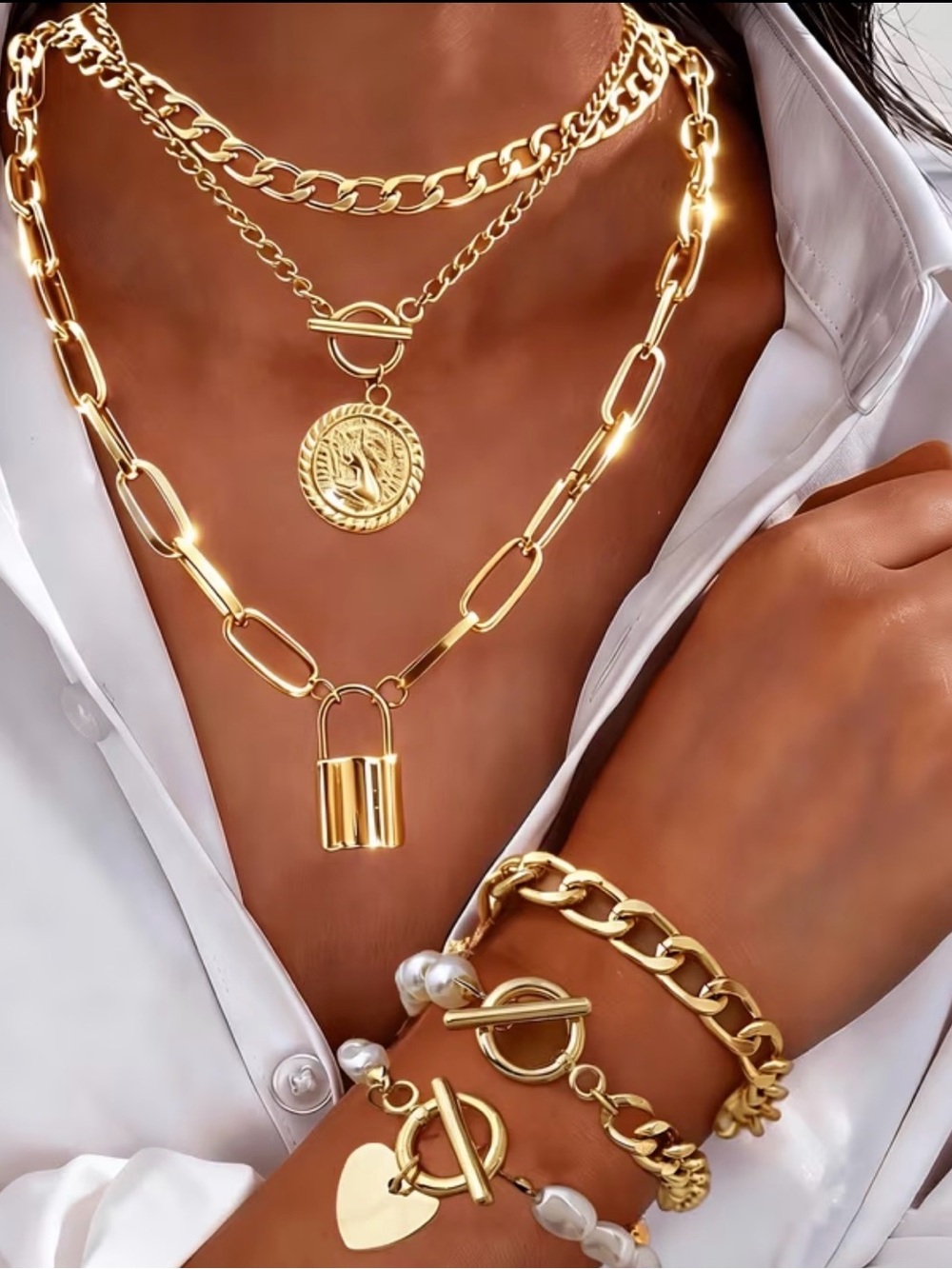🔥6 pc!🔥Gold Layered Padlock Coin Necklace Set -